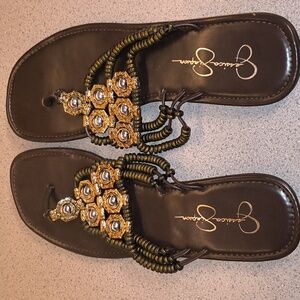 Jessica Simpson Brand Brown Beaded Thong Sandals w/Gold & Silver Studs-NWOT